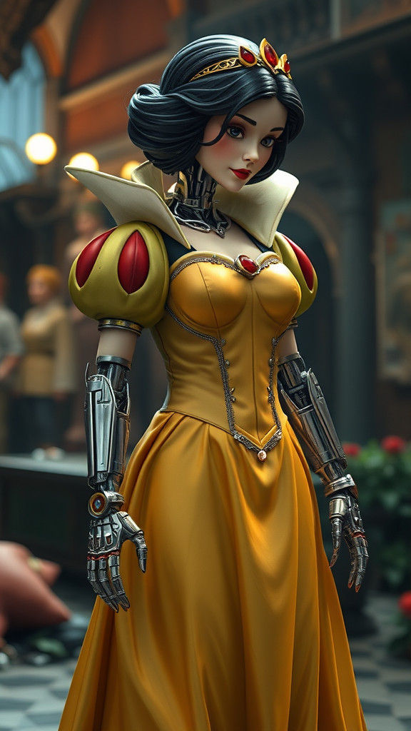 Cyborg Snow White in Hyper-Realistic Disney Style