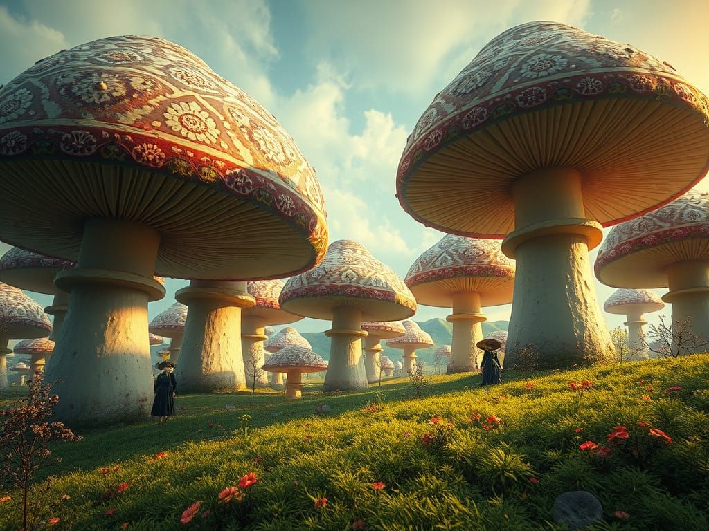 Surreal Cityscape with Giant Mushrooms and Tiny Victorian Fi...