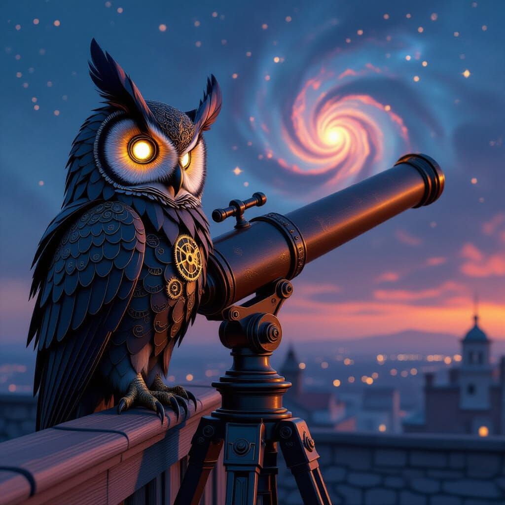 Clockwork Owl on Telescope Under Nebula