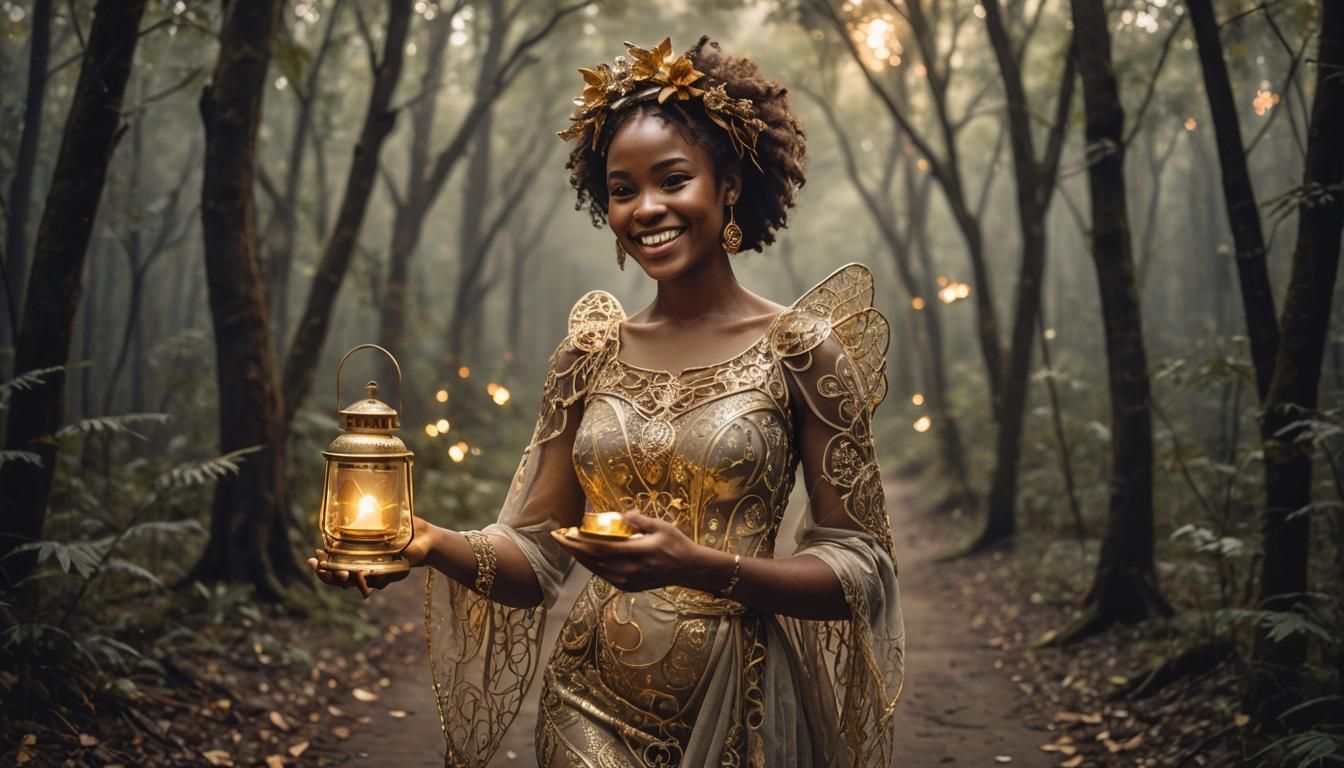 Smiling African Angel with Golden Lantern