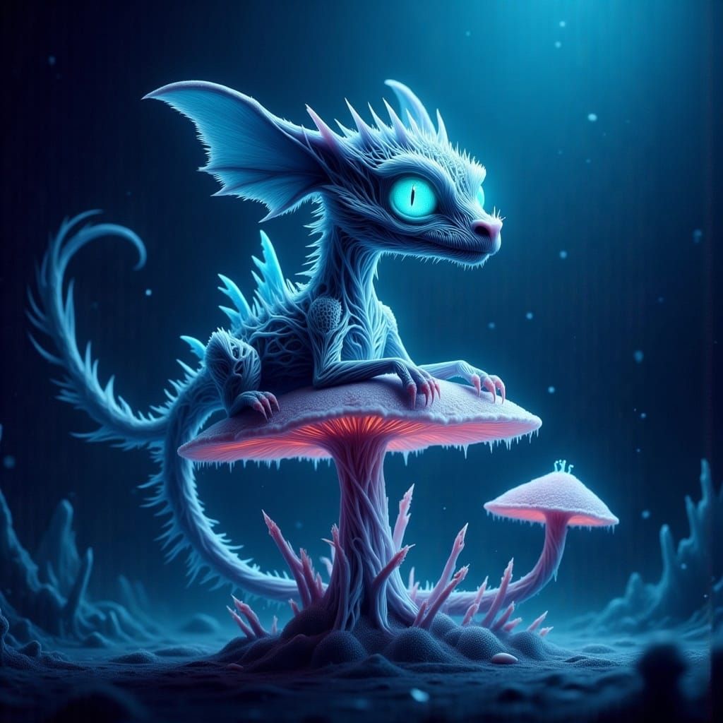 Chibi Dragon on Bioluminescent Mushroom