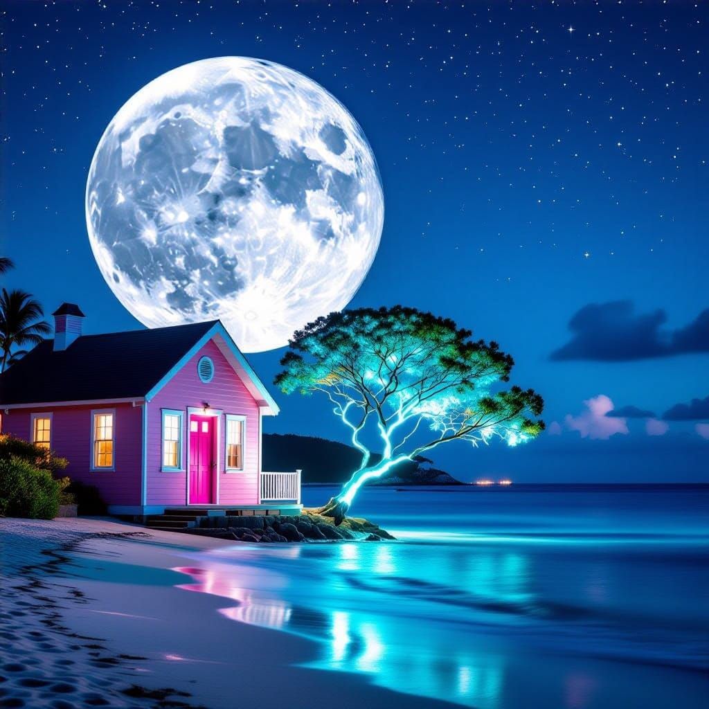Moonlit Beach Scene with Pink House and Glowing Turquoise Tr...