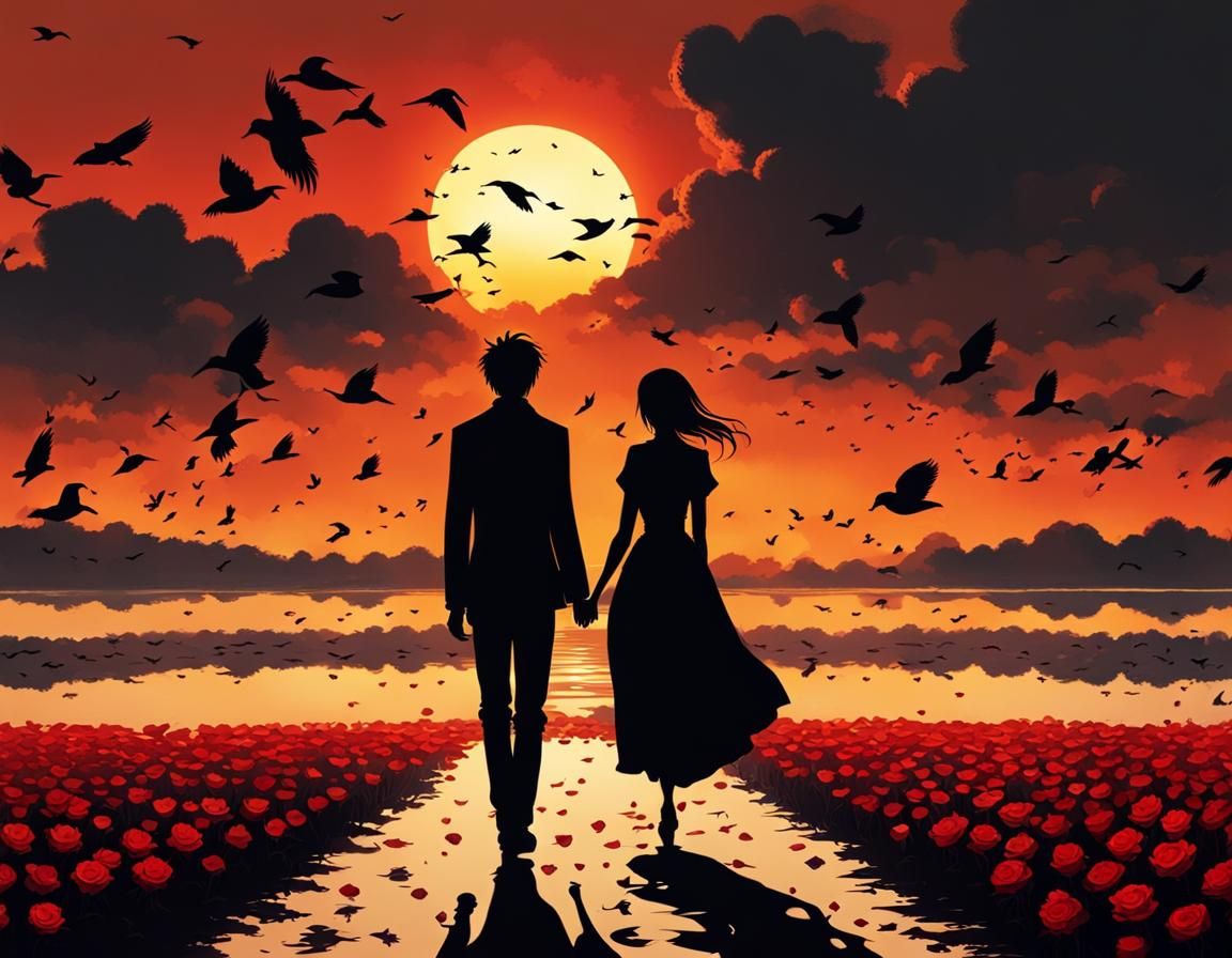 Poignant Anime Sunset: Silhouette with Rose