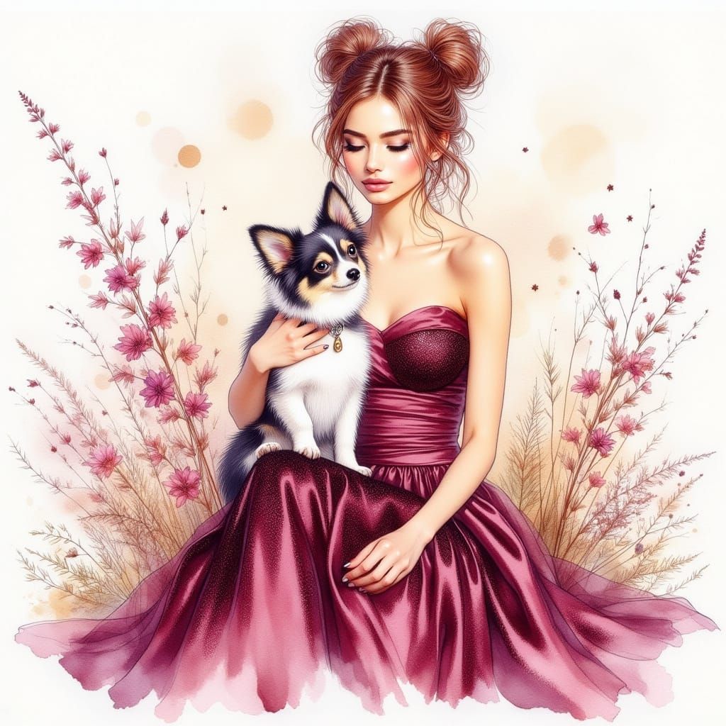 Elegant Woman in Burgundy Gown with Holly Hair