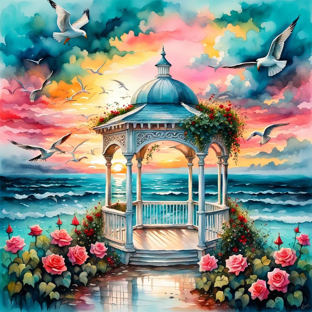 A picturesque white gazebo, covered with ivy, a red rose, on the shore of the turquoise sea in a pink and yellow sunset,...