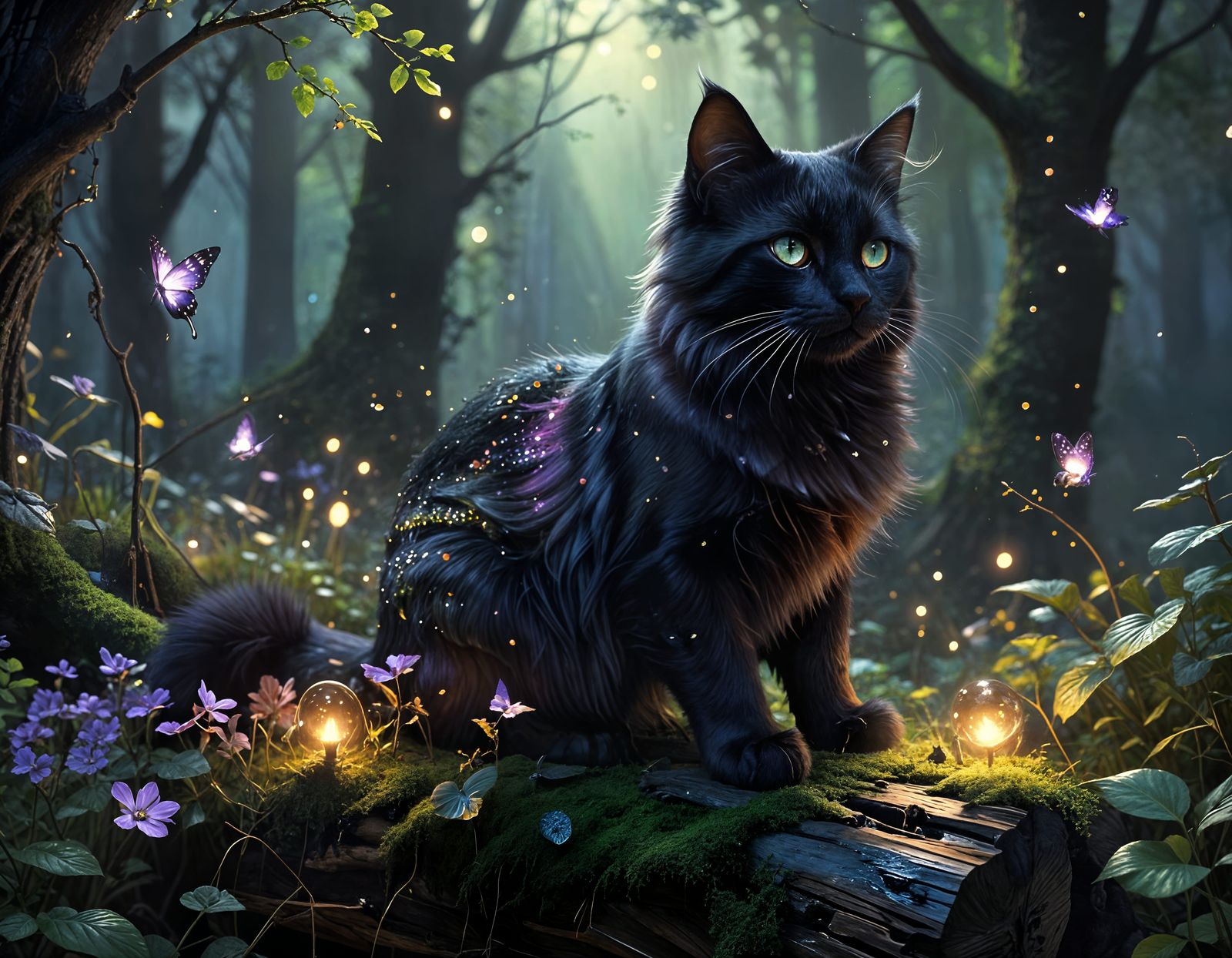 A magical, enchanted forest clearing at dusk. Beams of moonlight filter down onto a group of cats celebrating under the ...