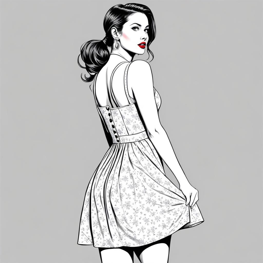 Brunette in Summer Dress, Line Art Portrait