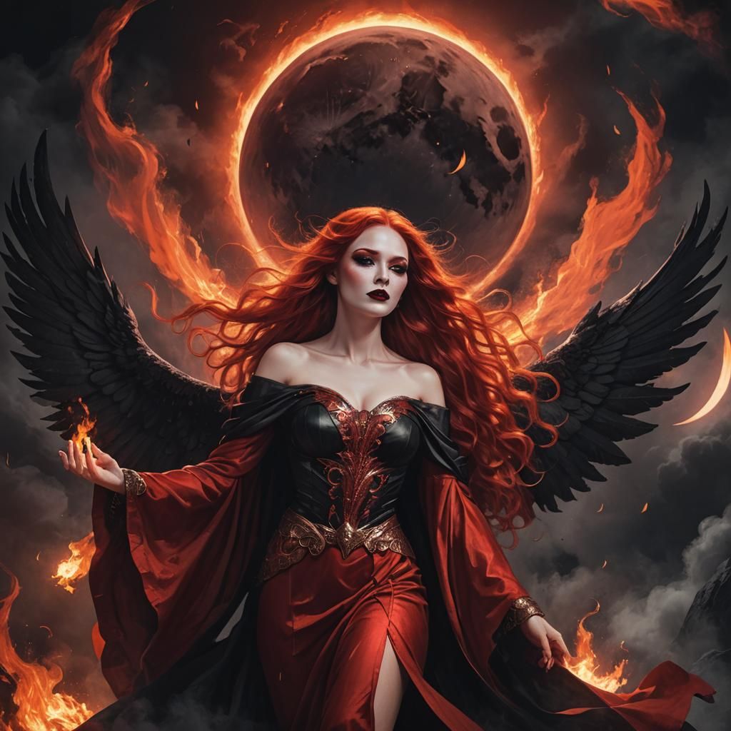 Winged Goddess with Fiery Aura in Dark Fantasy Style