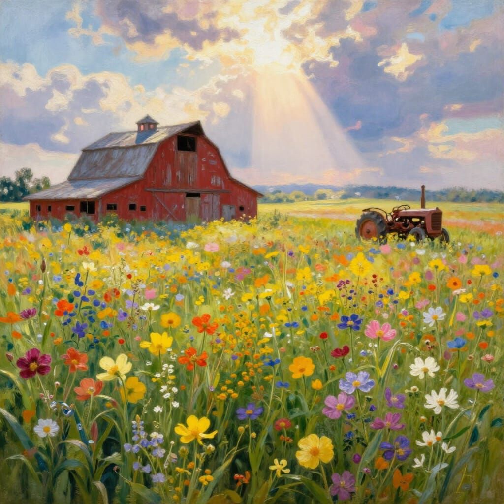 Vibrant Wildflower Field with Rustic Barn and Tractor