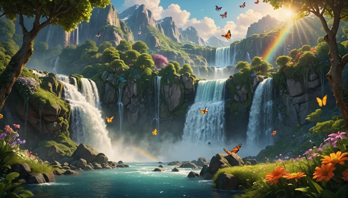 Fairytale Paradise Waterfall in Pixar-Inspired 3D Art