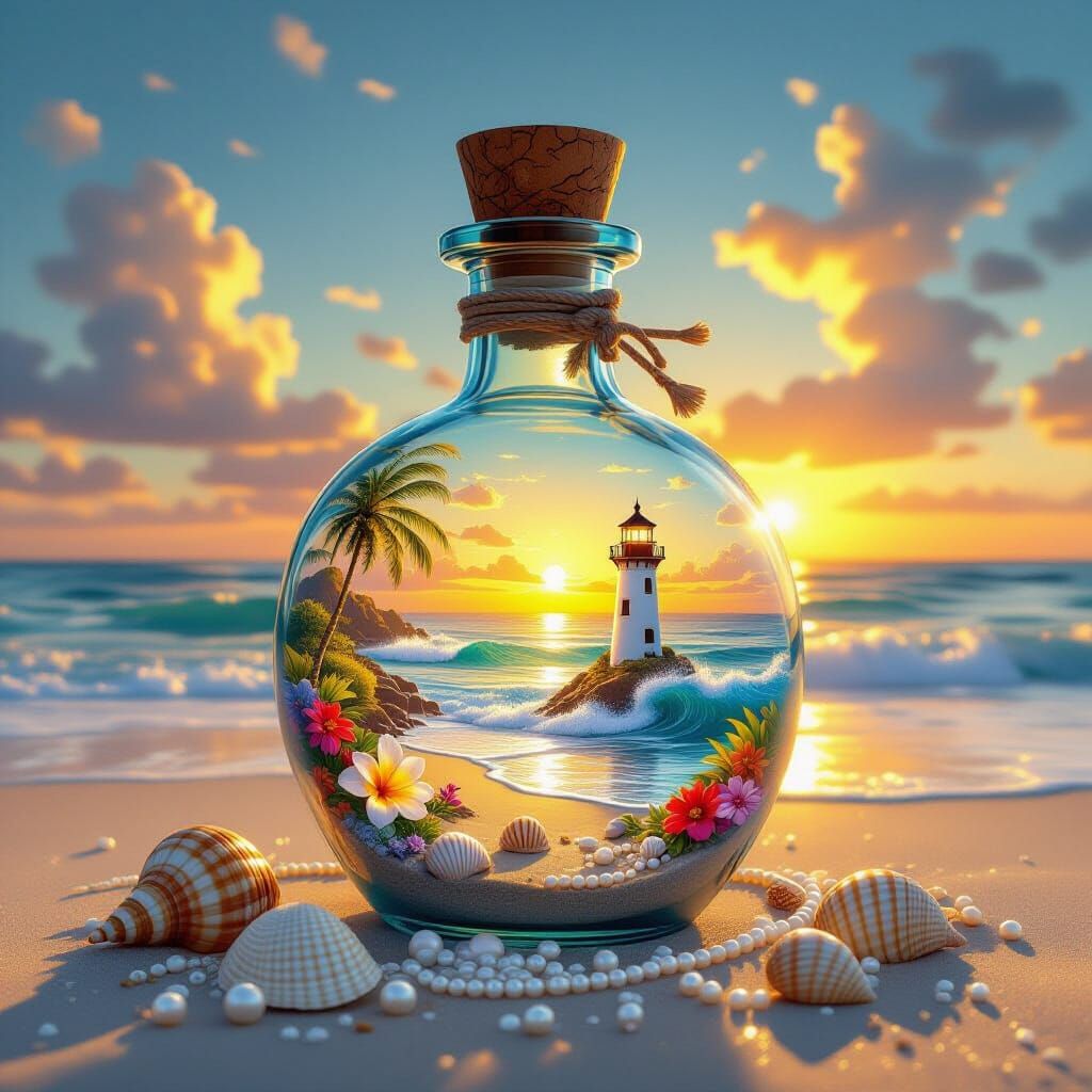 Miniature Coastal Landscape in Ornate Glass Bottle