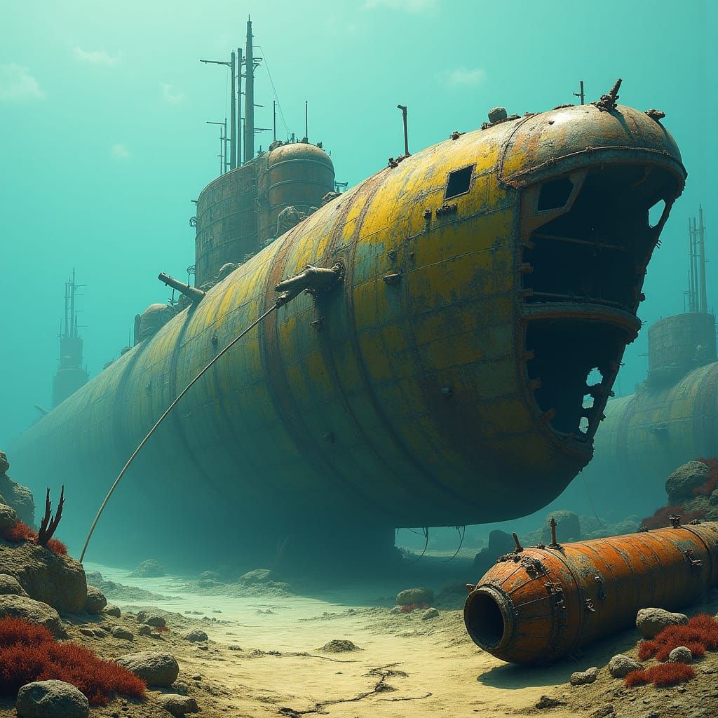 Wrecked Submarine on Seabed in Matte Painting Style