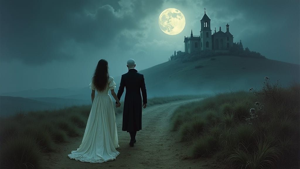 Ethereal Couple Wanders 19th-Century Landscape in Soft, Moon...