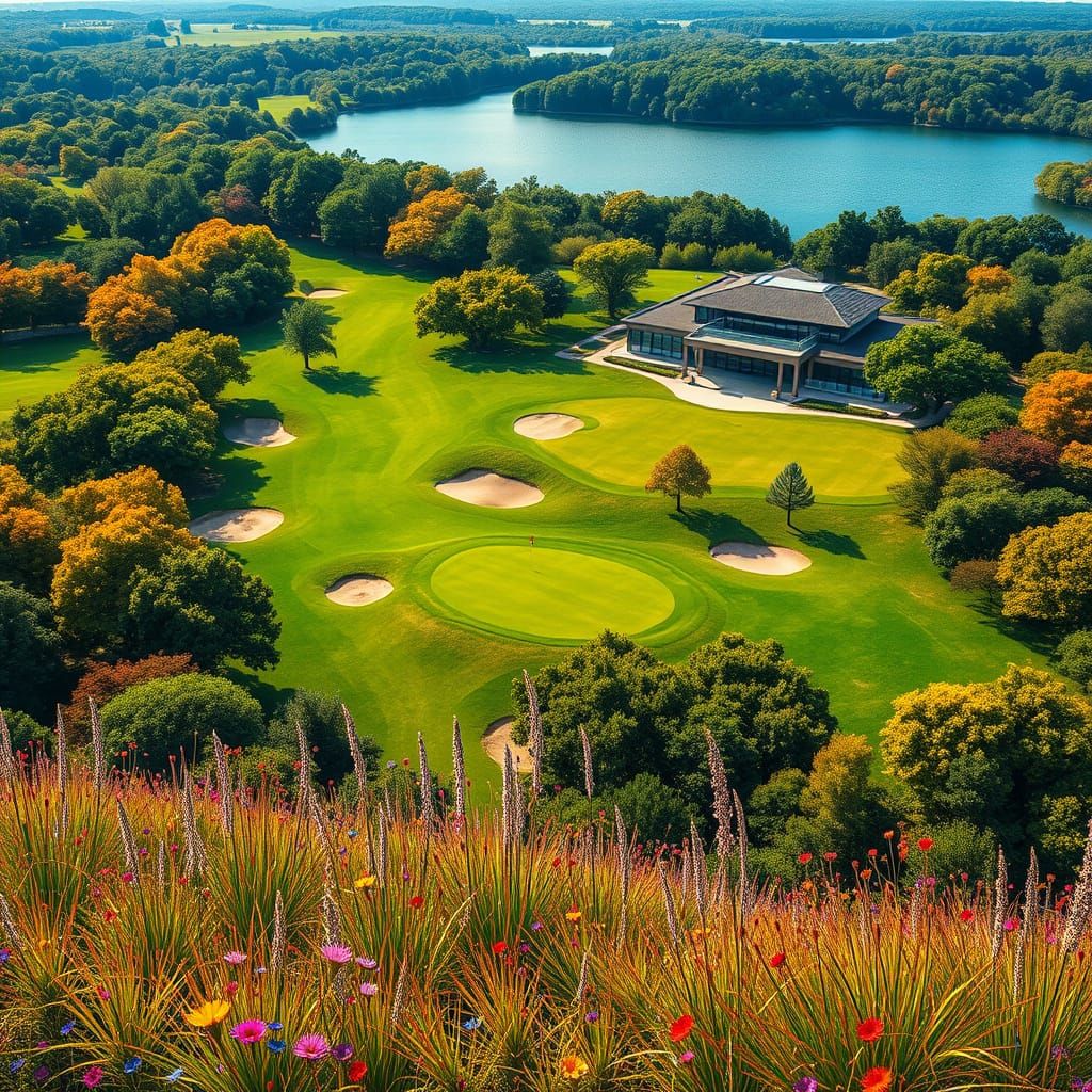 Lush Golf Course Landscape with Modernist Clubhouse