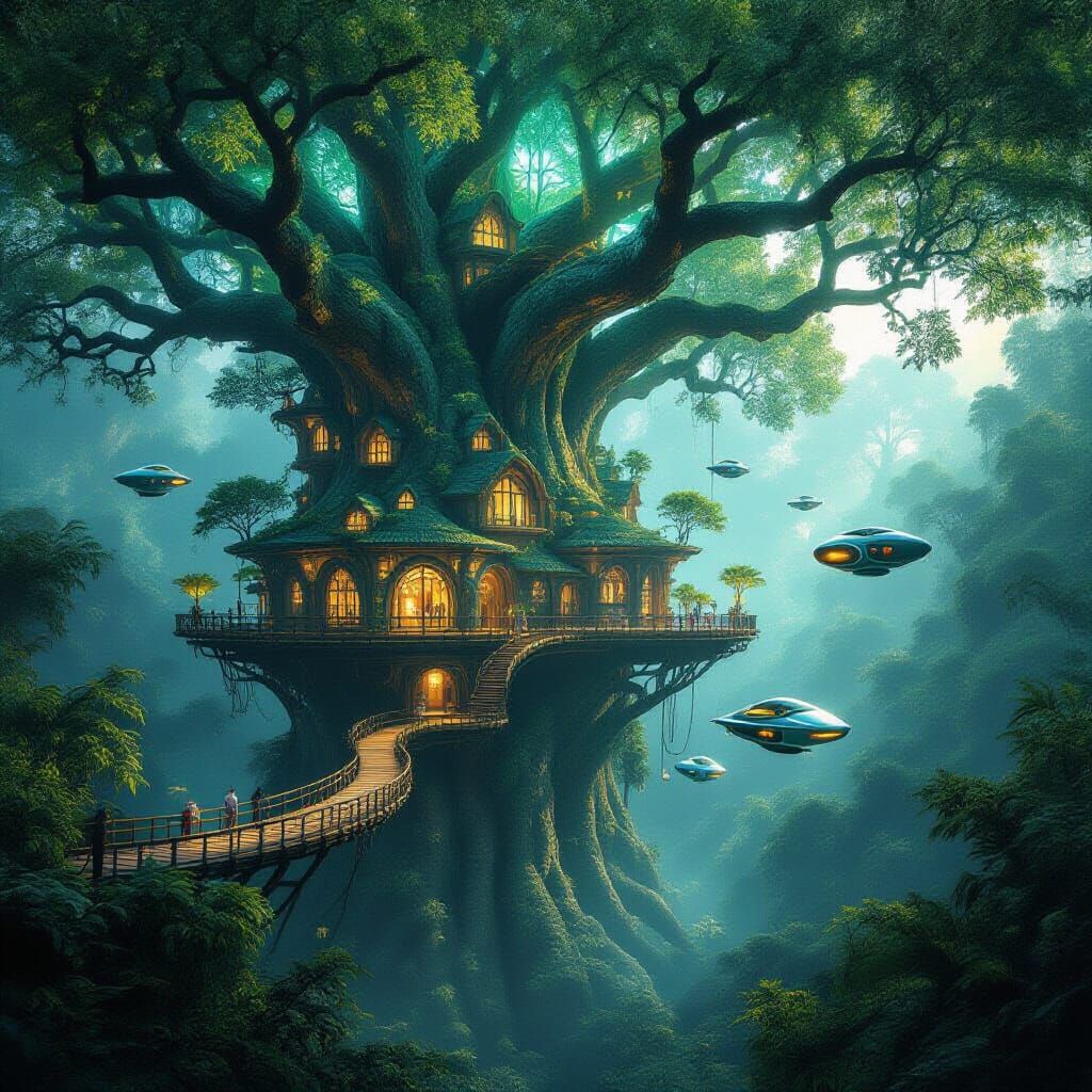 Ancient Treehouse City in Bioluminescent Forest