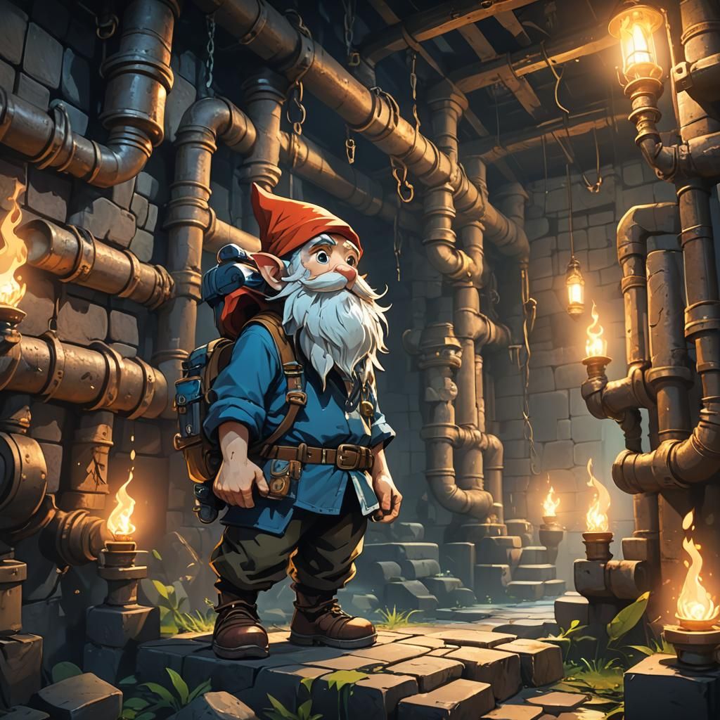 Gnome Plumber in Dungeon: Anime Style Concept Art
