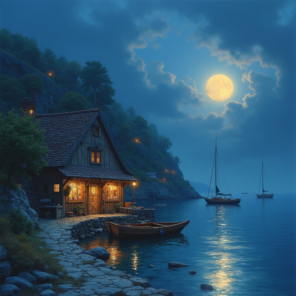 Serene Ocean Village at Moonlit Summer Night