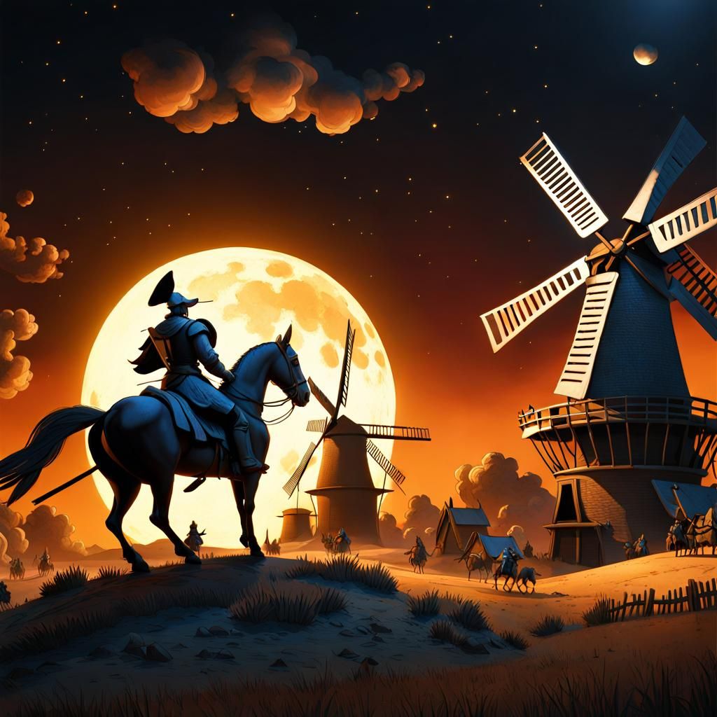 Don Quixote Fights Windmills in 3D Cartoon Style