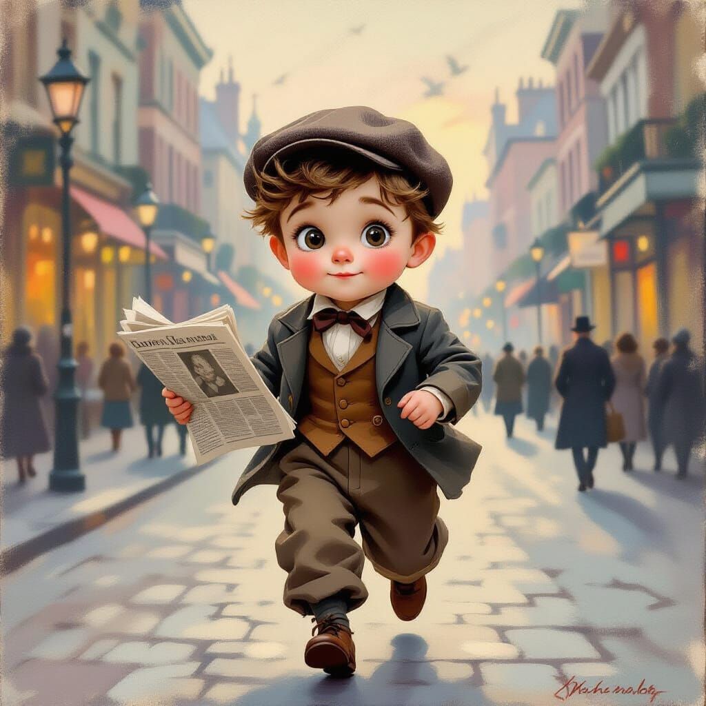 Victorian Boy Running with Newspaper in Pastel City
