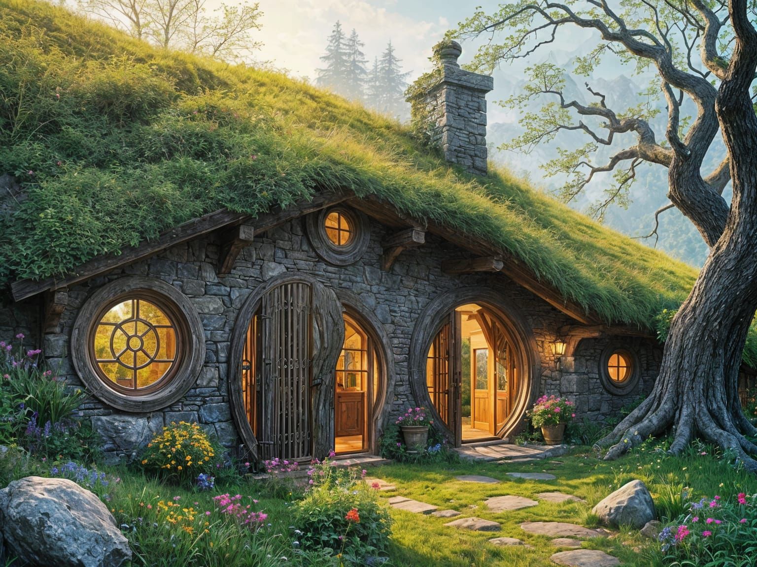 Watercolor-Style Stone Hobbit House Amidst a Lush Green Hill...