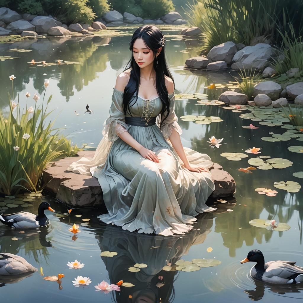 Girl Feeding Ducks in Dreamy Watercolor Style
