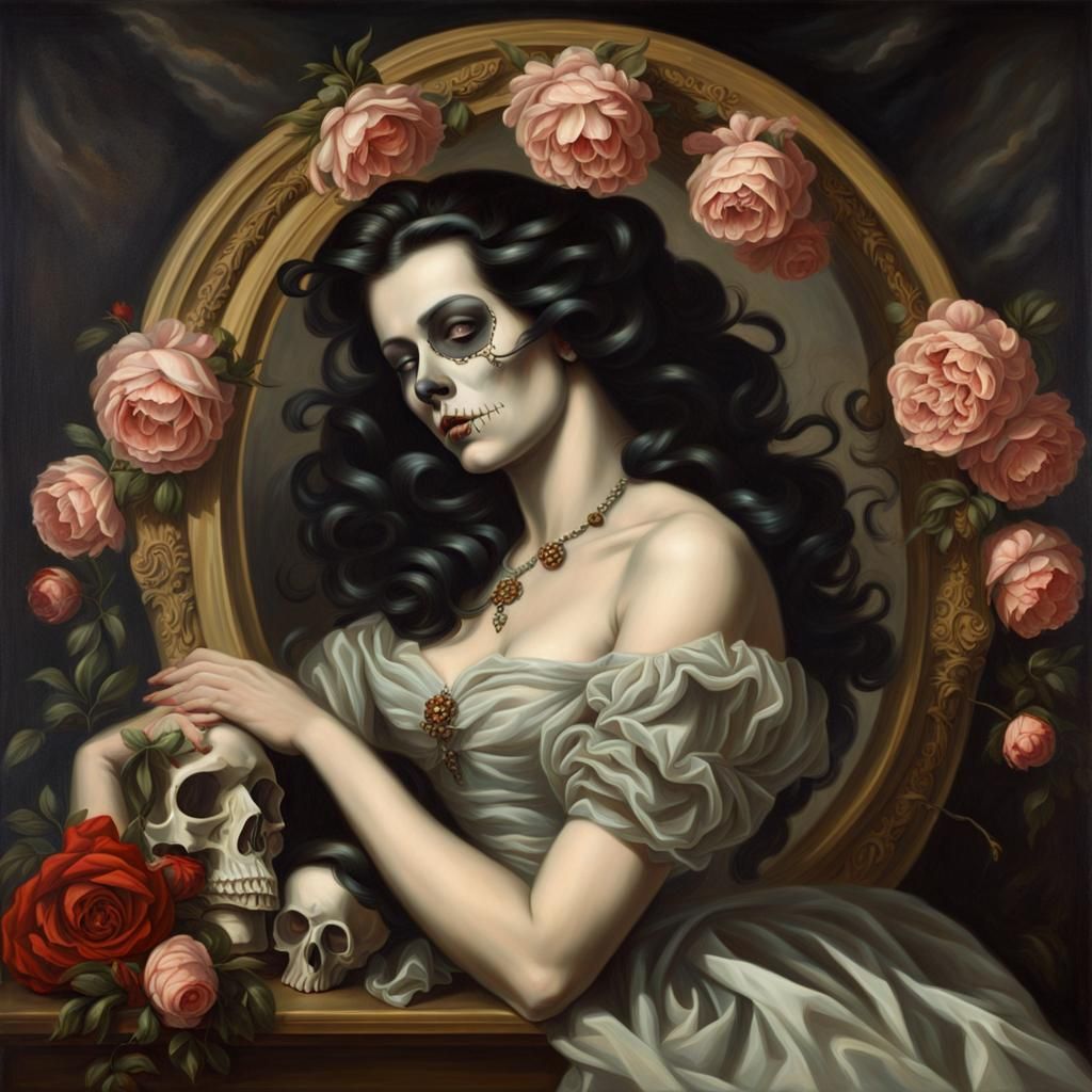 Death as Pin-Up Girl in Baroque Oil Painting