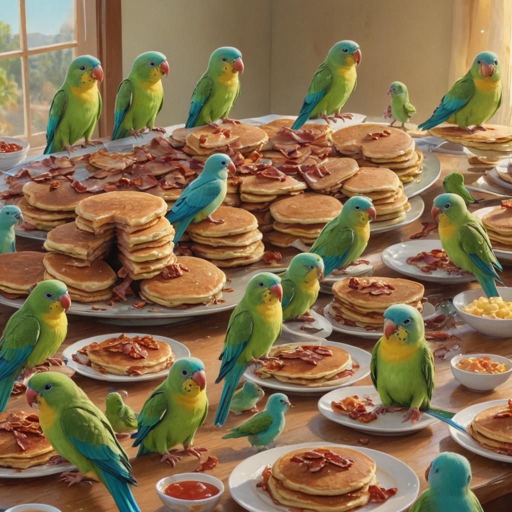 Parrots Mesmerized by Bacon and Pancakes in Cartoon Art