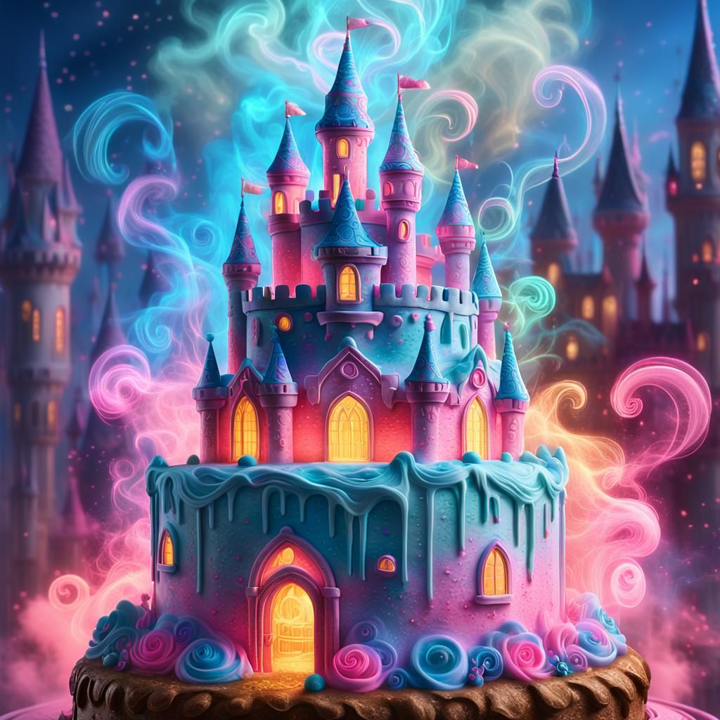 Neon Castle Birthday Cake in Ethereal Fantasy Style