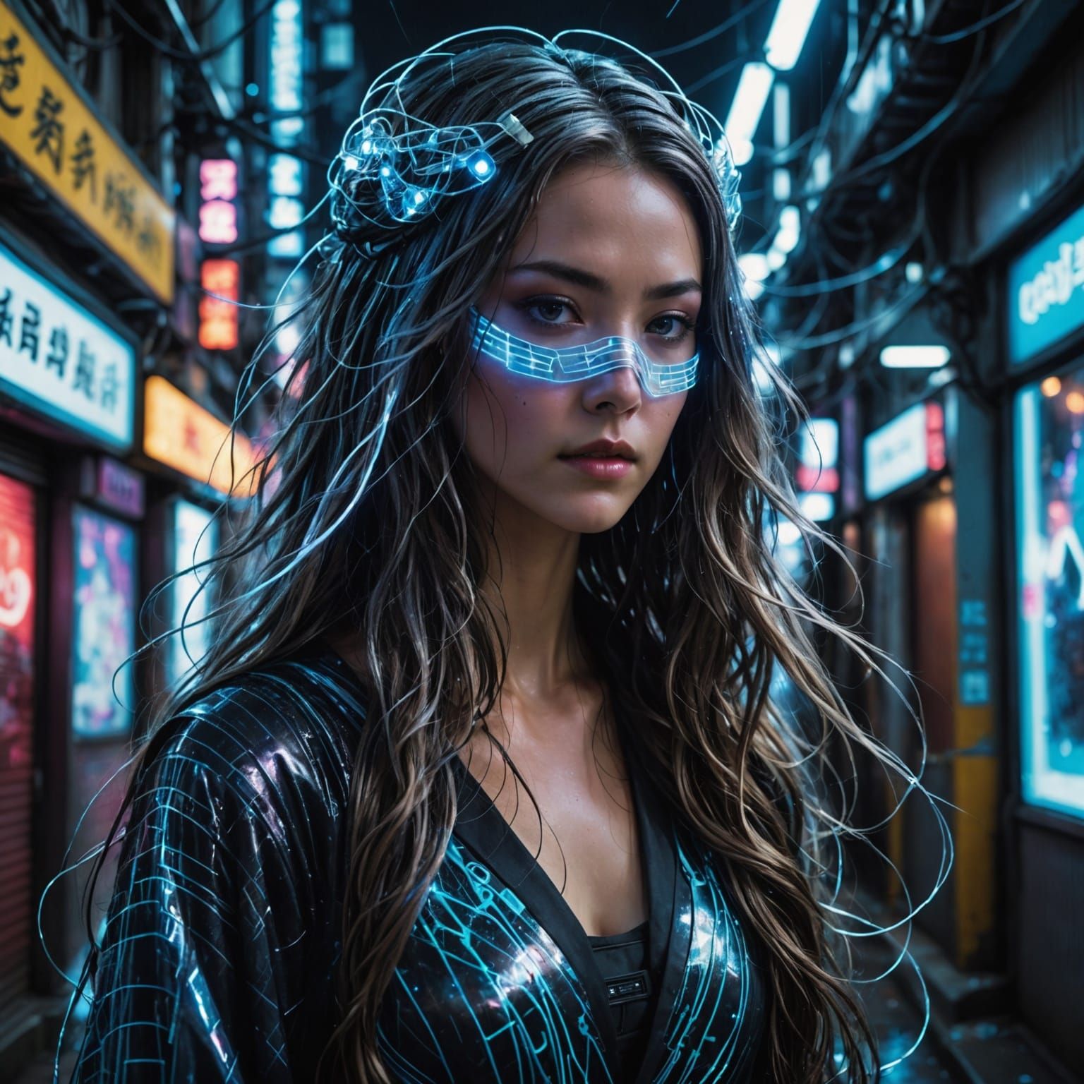 Celestial Sorceress in Neo-Tokyo: Cyberpunk Art