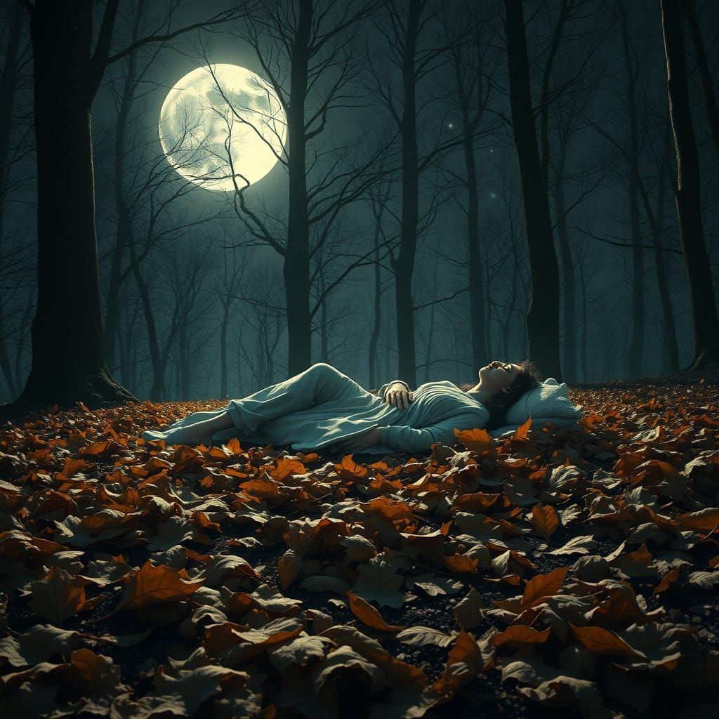 Serene Figure in Moonlit Winter Clearing