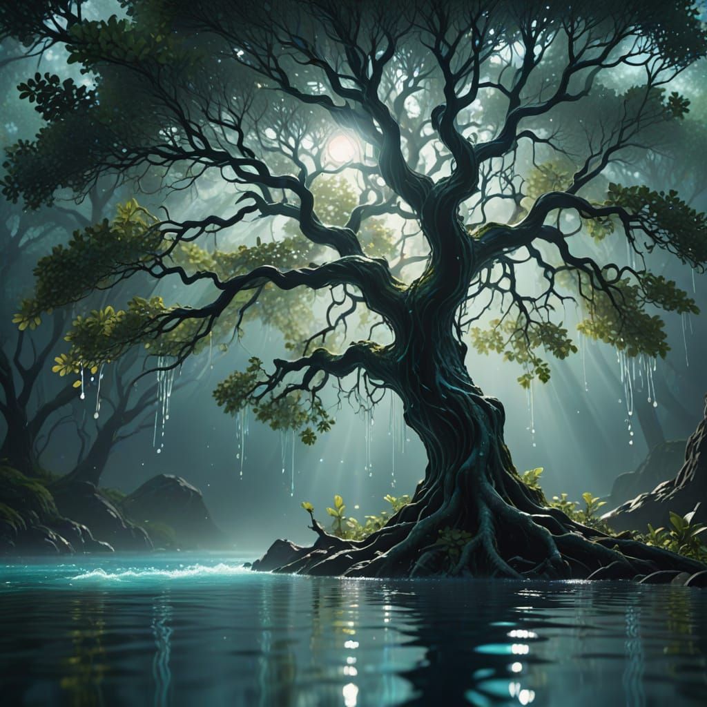 Surreal Water Droplet Tree in Ethereal Lighting