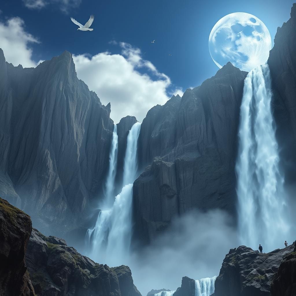 Surreal Waterfalls Flowing Upwards to Sky