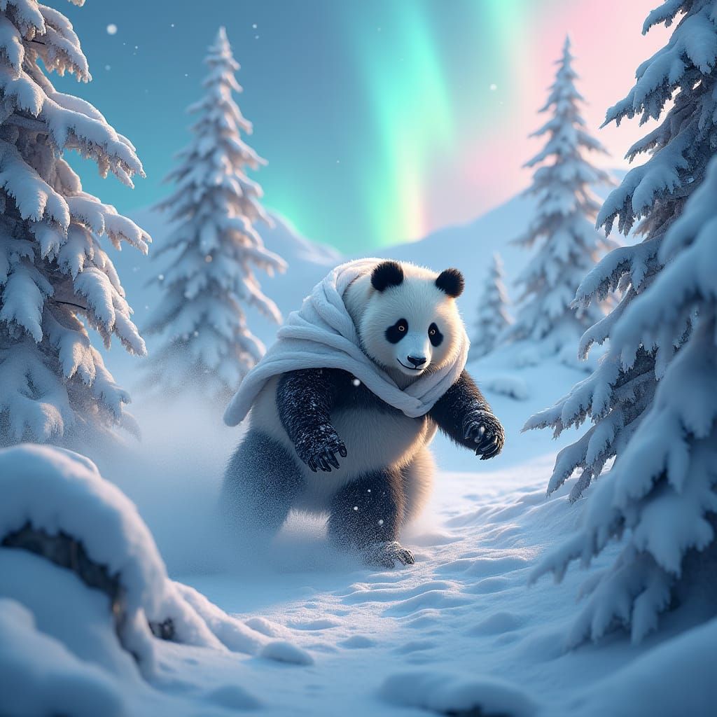 Panda's Descent: Snow Mountain Fantasy Concept Art
