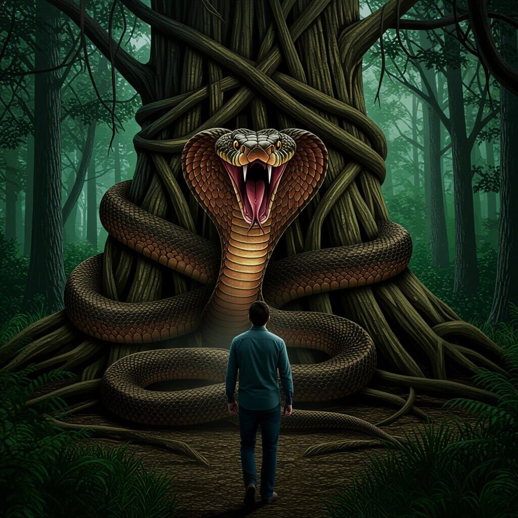 Man Confronts Giant Snake in Dense Forest