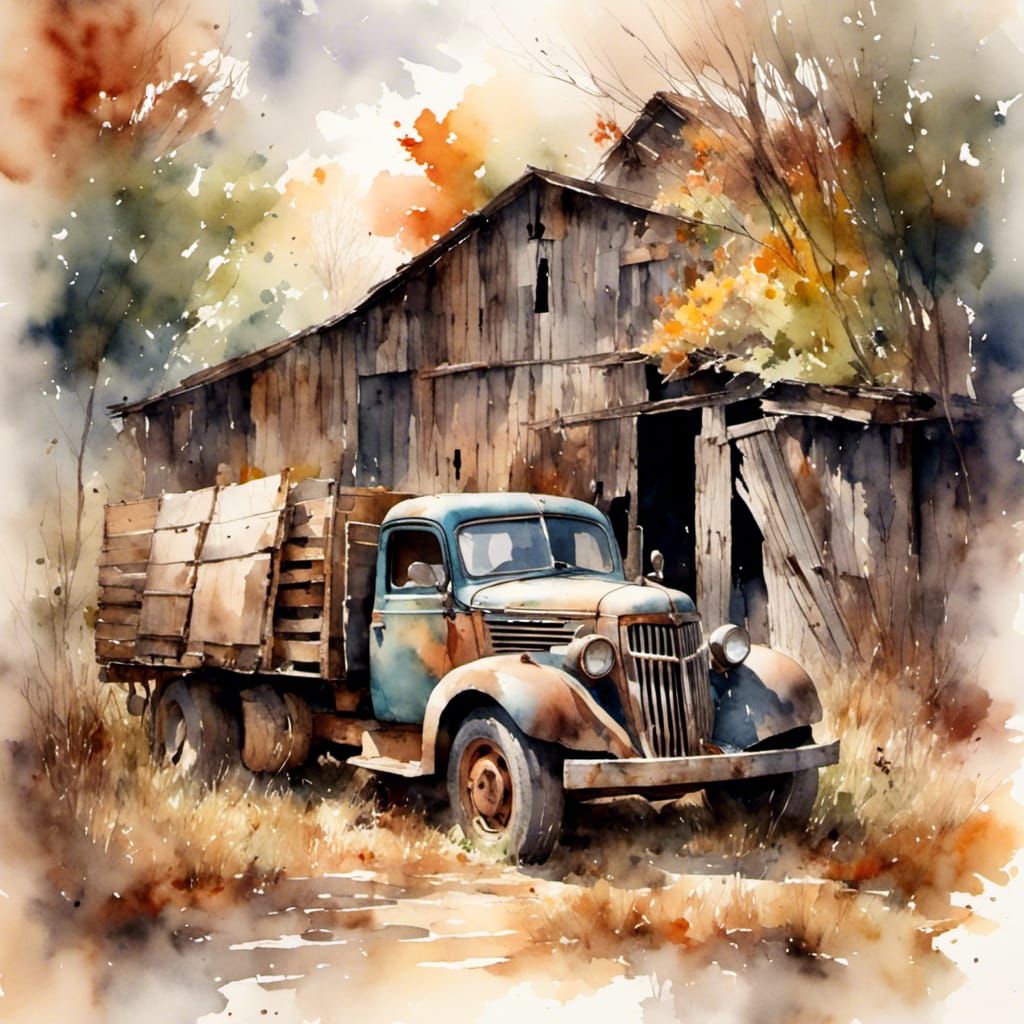 Vintage Truck Repair in Antique Watercolor Style