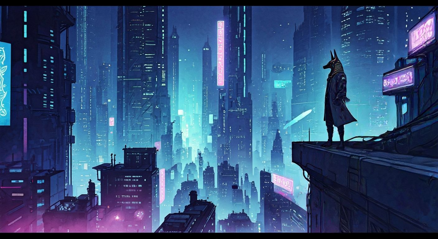 Cyberpunk Anubis Overlooking Noir Metropolis