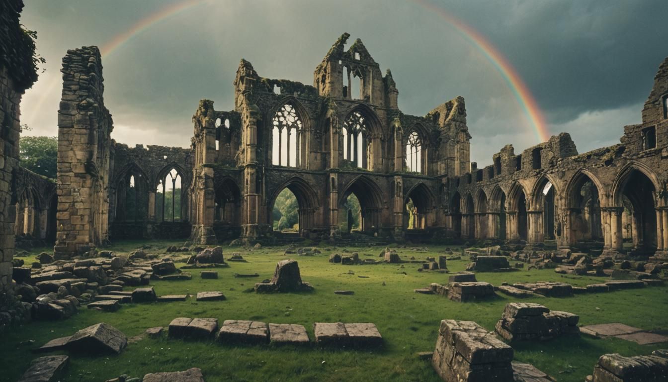 Abbey Ruins in Sunlight After Rain with Rainbow