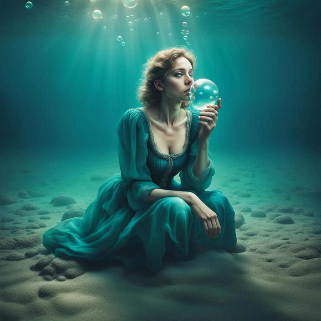 Renaissance Style Sad Woman Popping Bubble