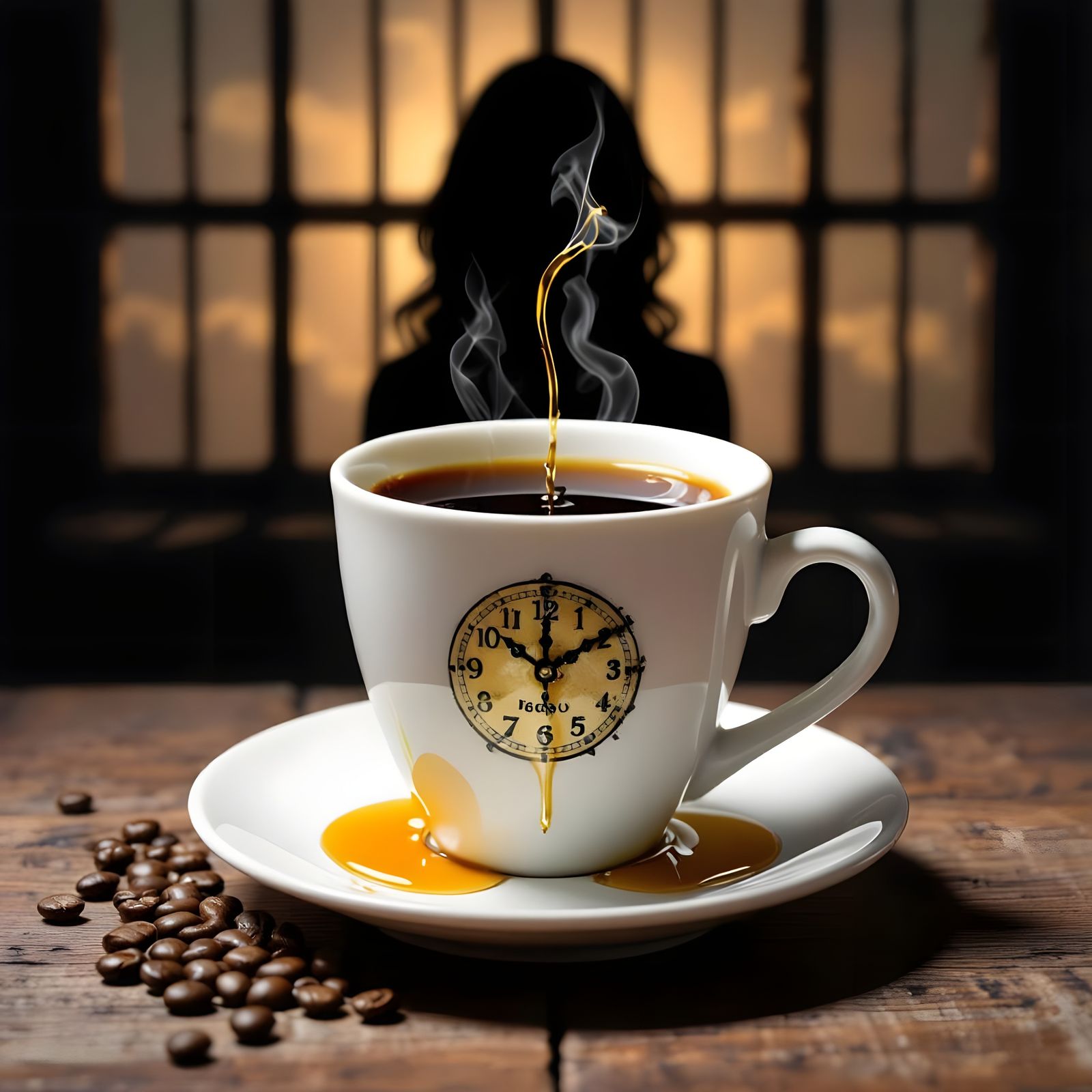 Surreal Dark Coffee Clock with Shadow Figure