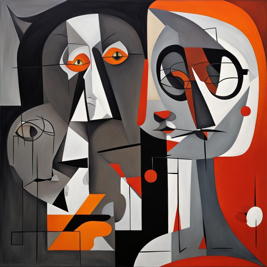 Cubist Painting of Woman and Cat in Geometric Fauvism