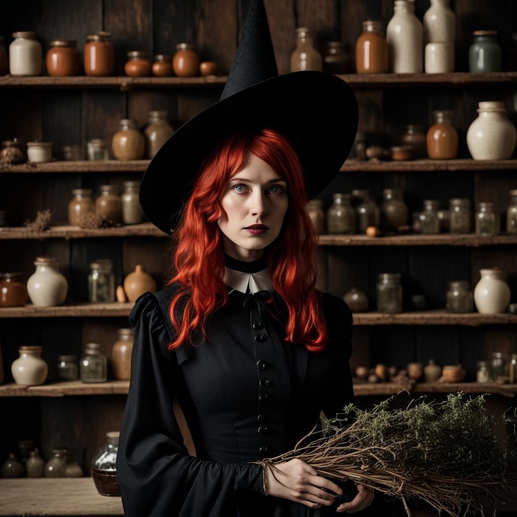 Vintage Autumn Witch in Apothecary Setting