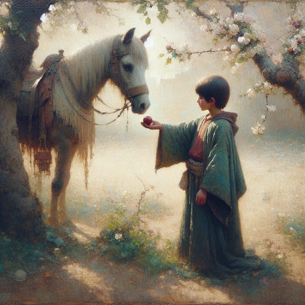 Young Boy Offers Apple to Horse in Serene Setting, in Old Ma...