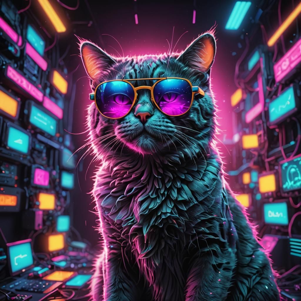 Neon Cat in Cyberspace Digital Painting