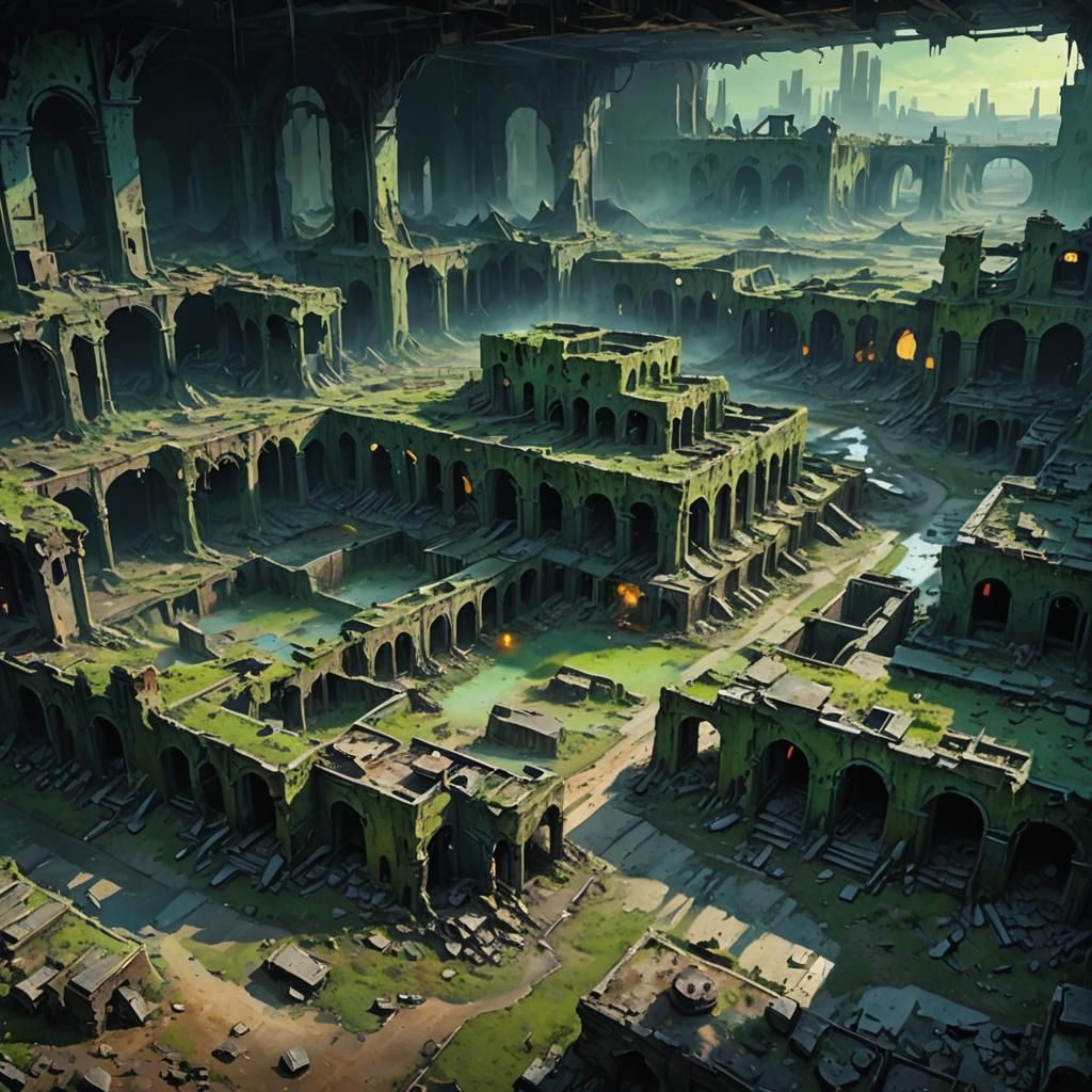 Post-Apocalyptic Wasteland City in Oil Painting Style