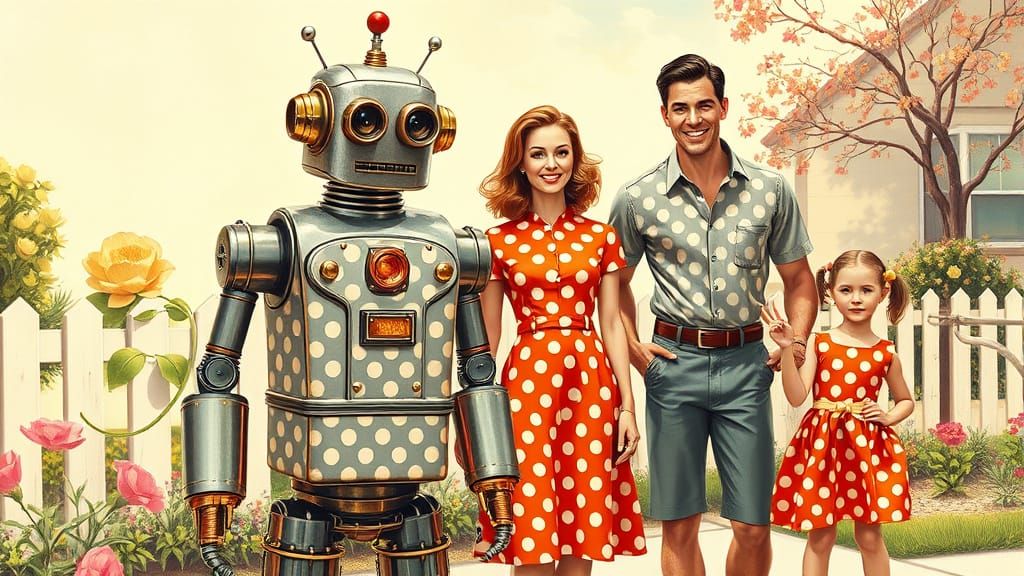 Polka Dot Robot Family Portrait in Rockwell Style