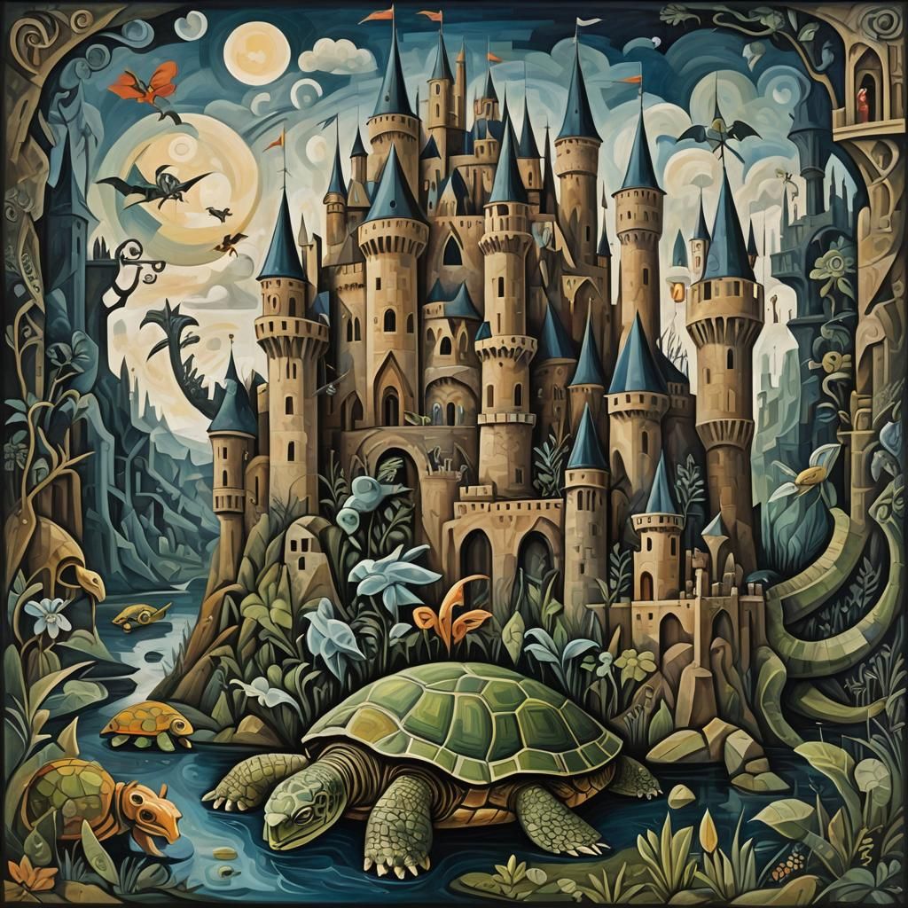 Living Castle on Turtle in Cubist Style