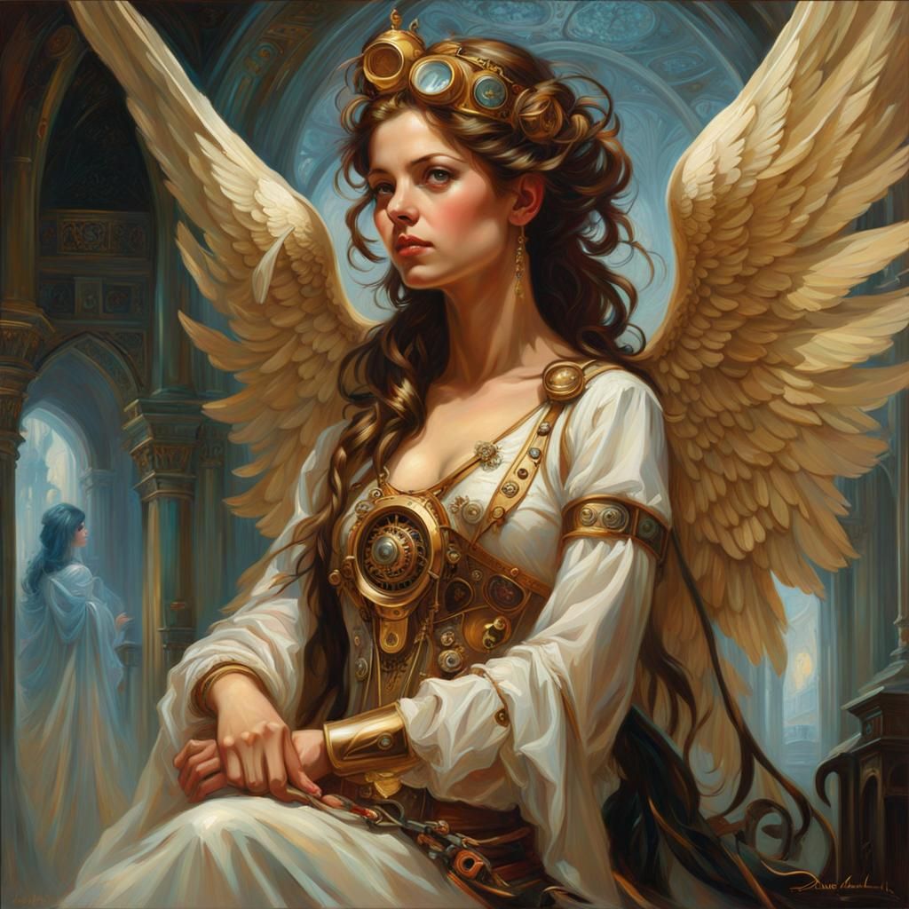 Futuristic Steampunk Angel Masterpiece in Oil