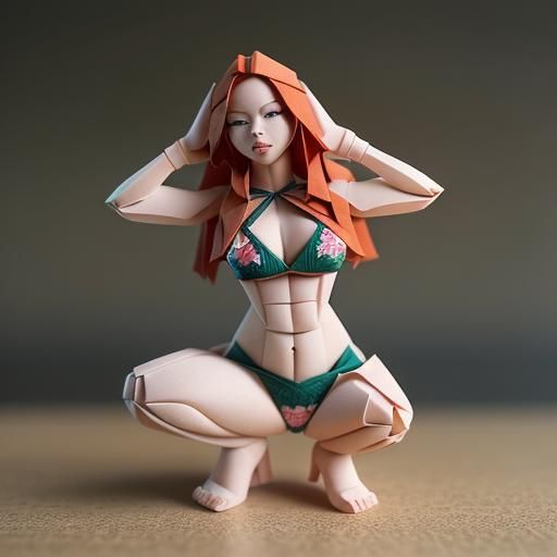 Redhead Woman in Bikini as Origami Papercraft