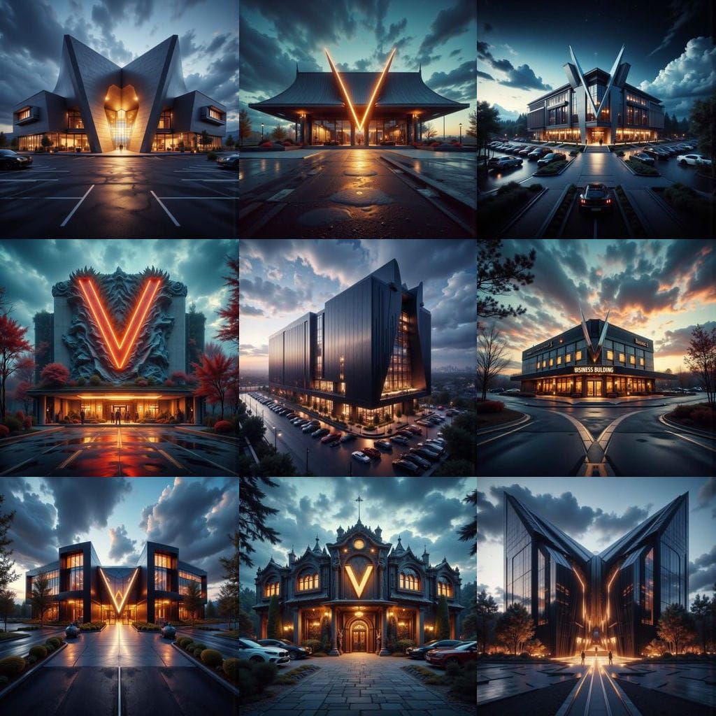 Futuristic Business Building with Upside-Down V Entrance