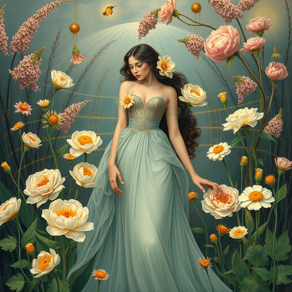 Elegant Woman in Dreamlike Floral Setting